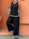 Plus Size Women's Two-Piece Set: Sleeveless Tank Top and Wide Leg Pants with Contrast Trim, Style for Summer Vacation, Casual Set