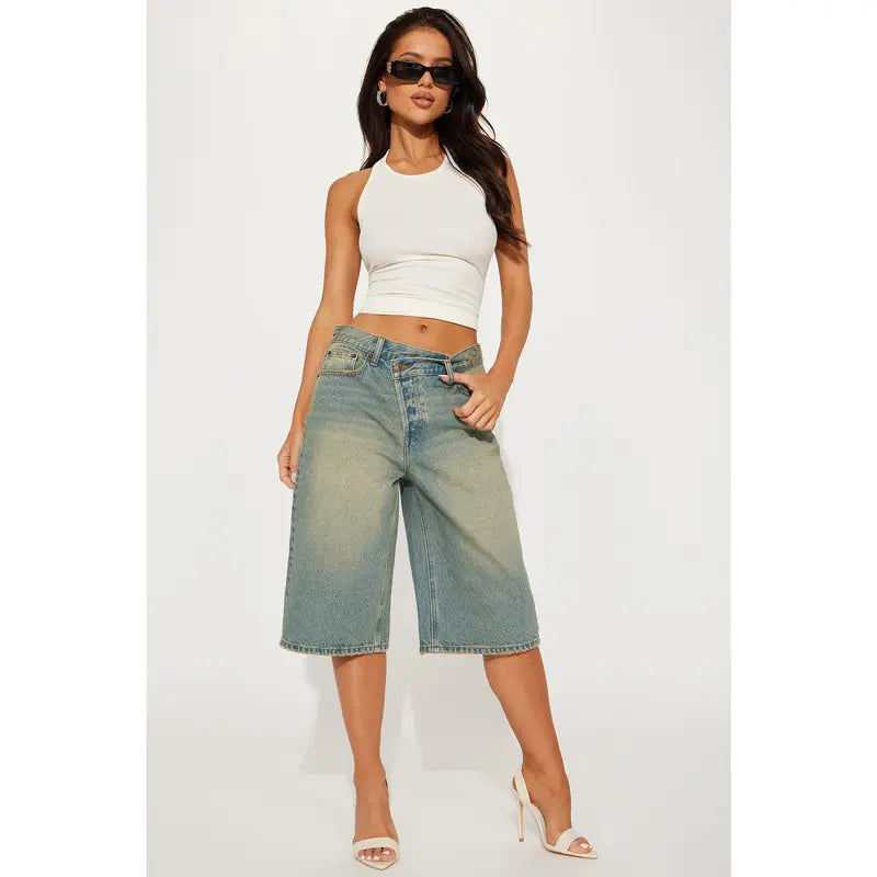 Take Whats Mine Crossover Denim Jorts - Vintage Wash