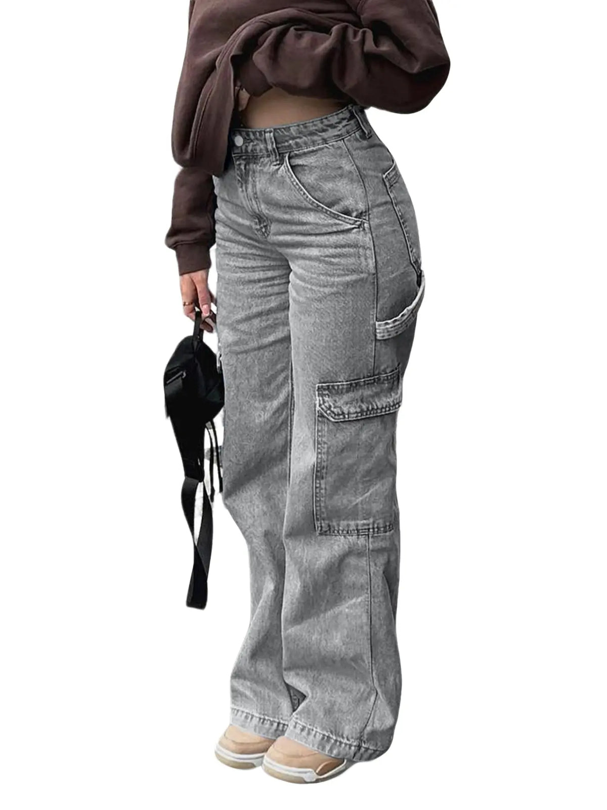 Teen Girl Denim Cargo Pants with Pockets, Loose Legged Pants, Trendy & Comfortable Casual Design, Ideal for Daily Wear & Outdoor Adventures, Cargo Jeans