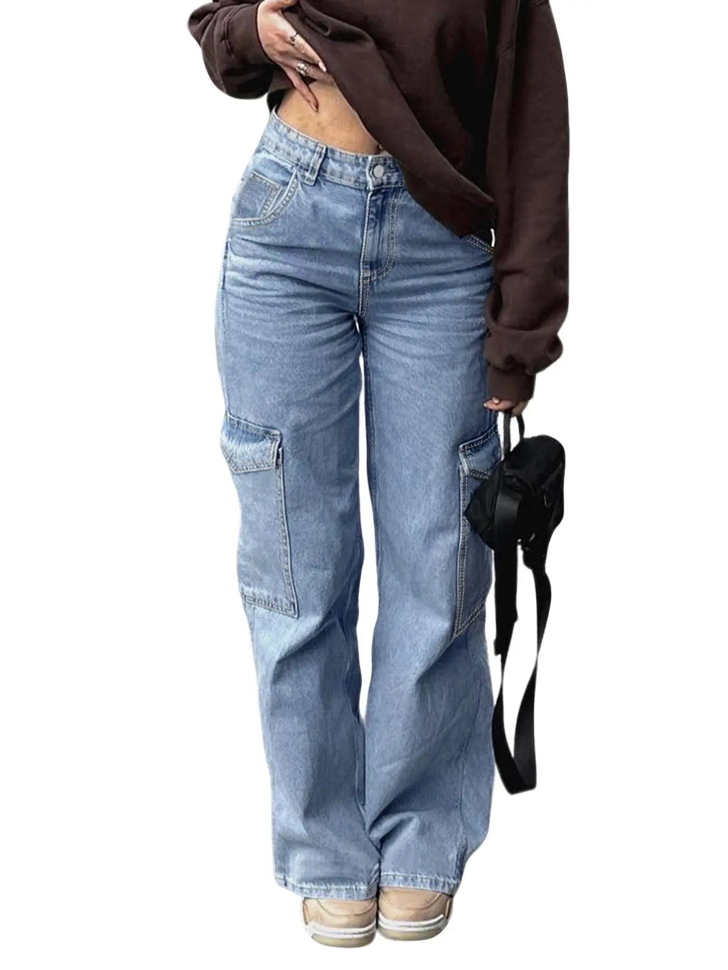 Teen Girl Denim Cargo Pants with Pockets, Loose Legged Pants, Trendy & Comfortable Casual Design, Ideal for Daily Wear & Outdoor Adventures, Cargo Jeans