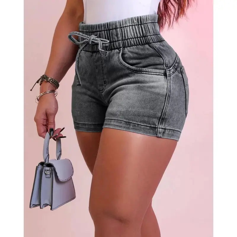 New slim-fit denim shorts for women. Sexy high-waisted design with elastic waist and tie, hot pants style Elegant Jeans Fitted Adjustable,back to school shopping