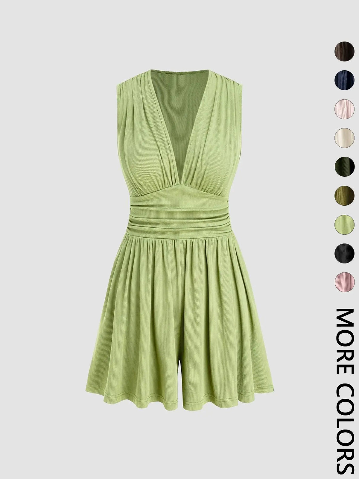 Women's Plain Ribbed Ruched Deep V Neck Tank Short Piece, Elegant Sleeveless Shorts Romper For Summer, Fashion Casual Ladies Clothes For Daily Wear