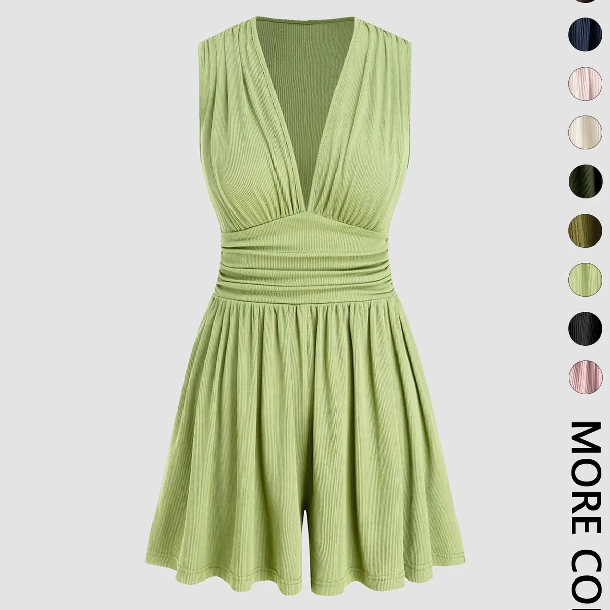 Women's Plain Ribbed Ruched Deep V Neck Tank Short Piece, Elegant Sleeveless Shorts Romper For Summer, Fashion Casual Ladies Clothes For Daily Wear
