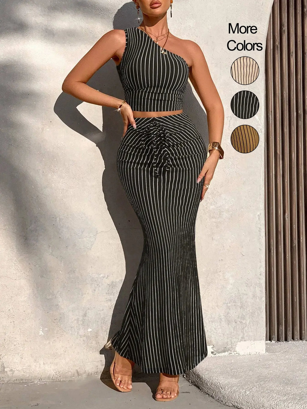 Women's Striped Print One Shoulder Crop Top & High Waist Skirt Set, Casual Fashion Cozy Two-piece Set for Daily Outdoor Wear, Women's Clothing for Summer, Lady Clothes, Womenswear, Sleeveless, Matching Clothing Set, Summer Outfit Set