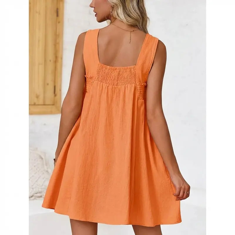 Imily Bela Women 's Summer Casual Sleeveless Mini Dress Square Neck Smocked Swing Loose Babydoll Dress Breathable Womenswear