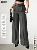 New Women's High-Waisted Wide-Leg Suit Pants Pleated Design with Belt, Casual Elegant Comfortable Fit Style for Daily Commute