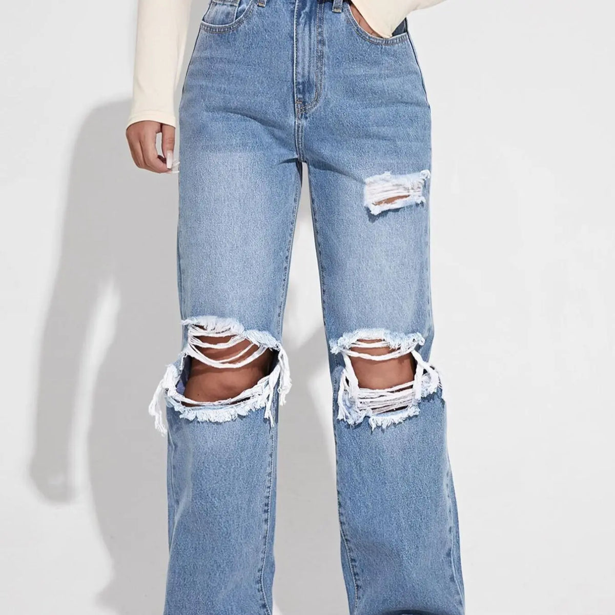 Women's Plain Ripped Jeans, Casual Comfy Pocket Design Frayed Edge Design High Waist Loose Fit Oversized Jeans for Daily Wear, Ladies Bottoms for All Seasons, Baggy Pants, Everyday