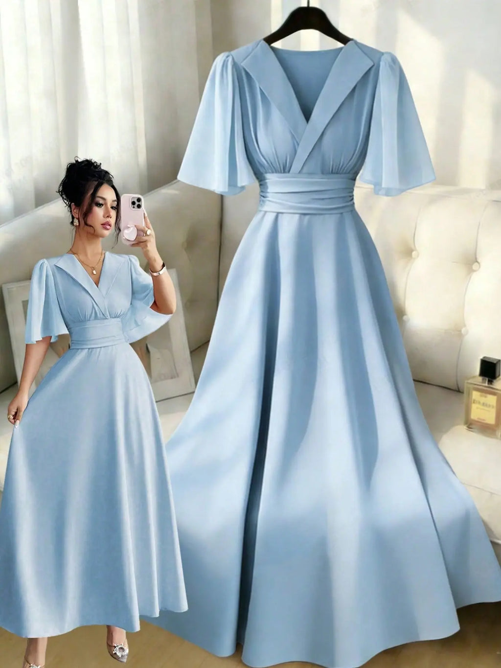 New Women's Lapel Neckline Dress, Waist Ruched Back Tie Chiffon Patchwork, Peplum Sleeves Design, Casual Elegant Summer Dress, Casual Summer Dresses