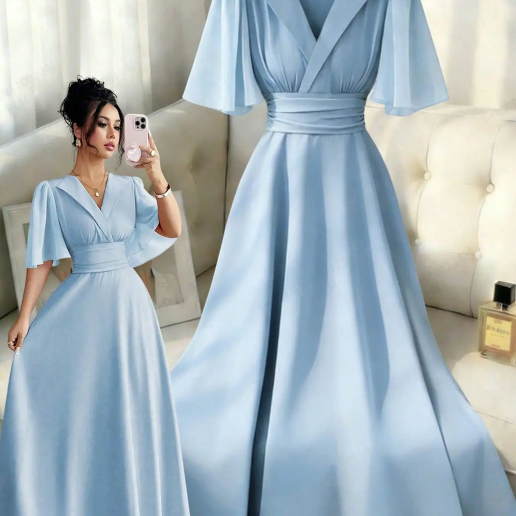 New Women's Lapel Neckline Dress, Waist Ruched Back Tie Chiffon Patchwork, Peplum Sleeves Design, Casual Elegant Summer Dress, Casual Summer Dresses