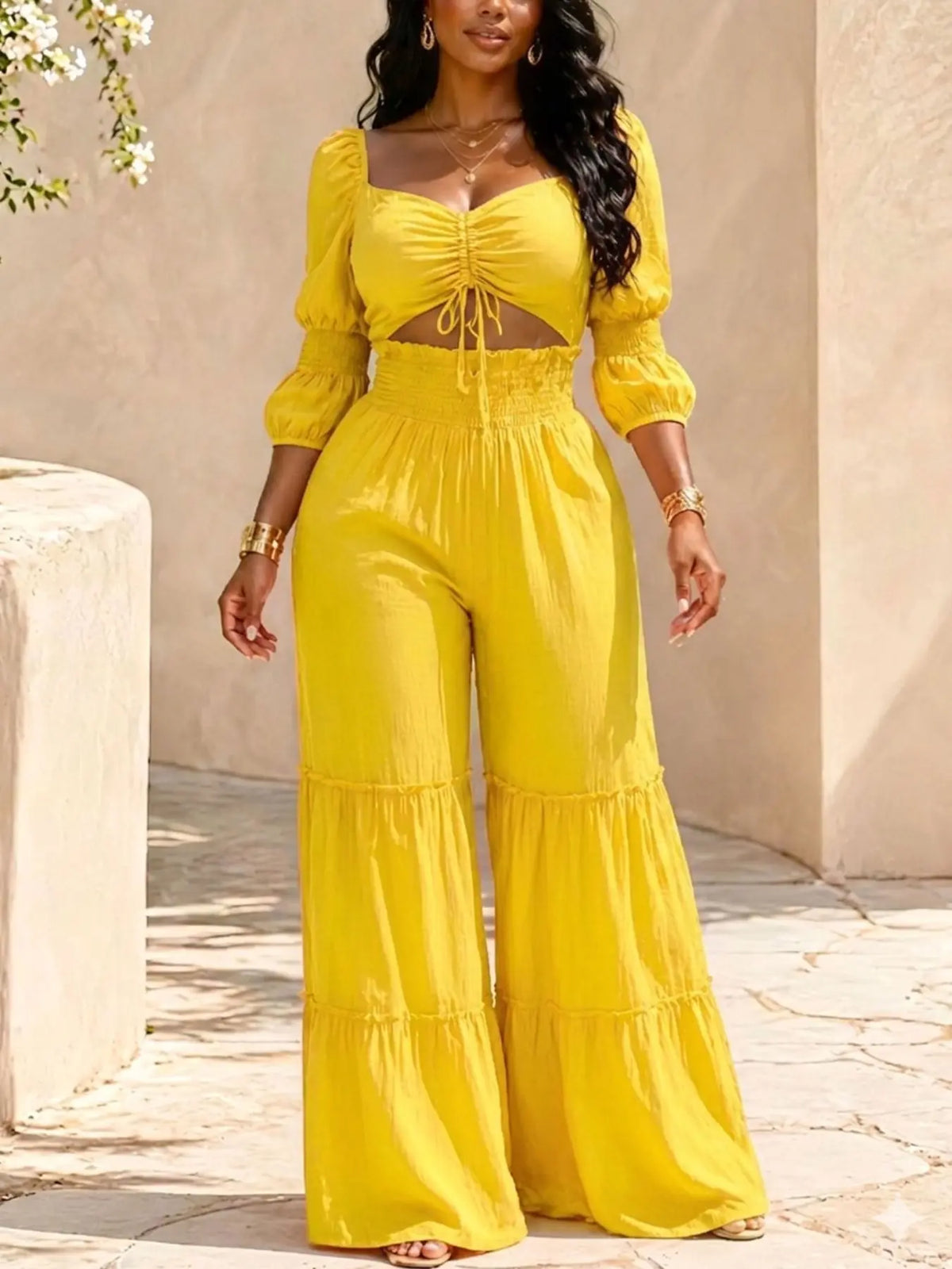 Women's Square Neck Two-Piece Set, Adjustable Drawstring Top and High Waist Wide Leg Pants, French Chic Elegant Style, Essential for Spring & Fall, Casual Chic Set