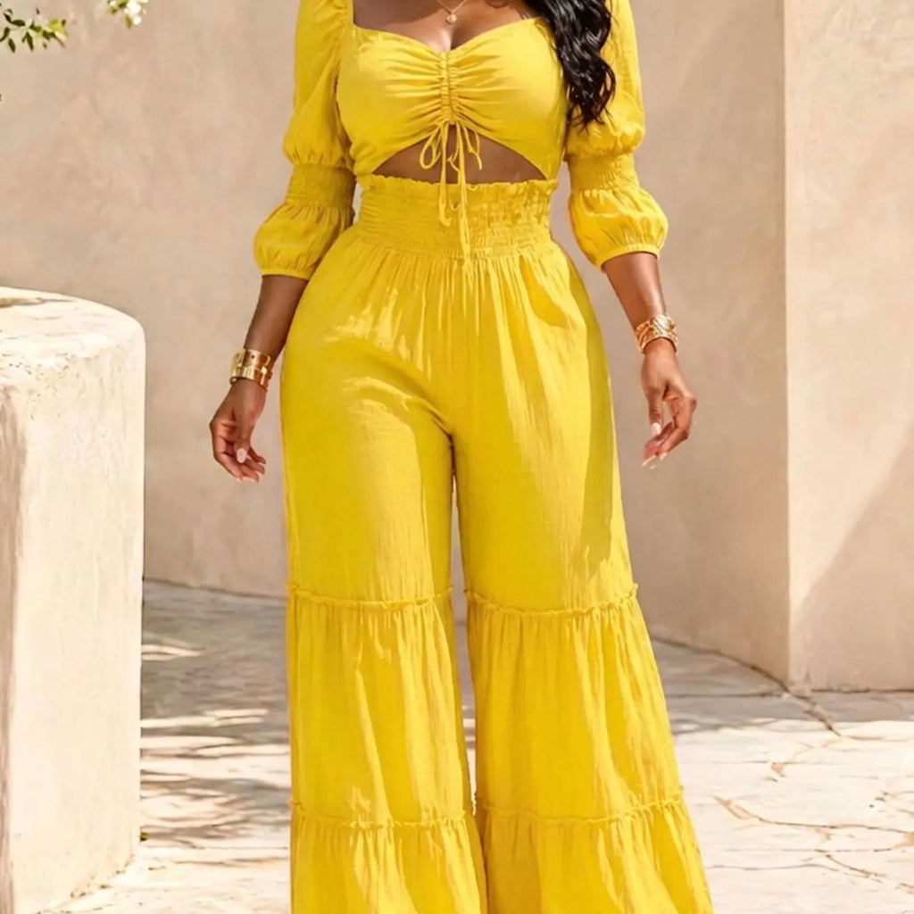 Women's Square Neck Two-Piece Set, Adjustable Drawstring Top and High Waist Wide Leg Pants, French Chic Elegant Style, Essential for Spring & Fall, Casual Chic Set