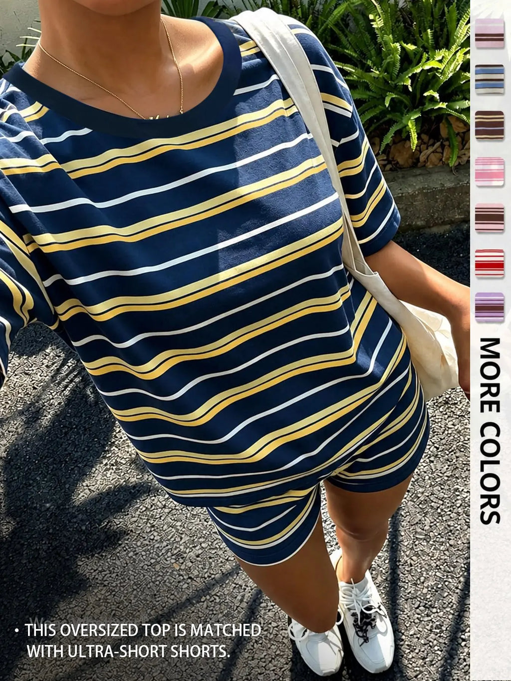 Women's Casual Striped Print Loose-Fit Set, Two Piece Outfit, Summer Wear, Vintage, American Retro Street Style, Perfect for Vacation and All-Day Home Wear, Fashion