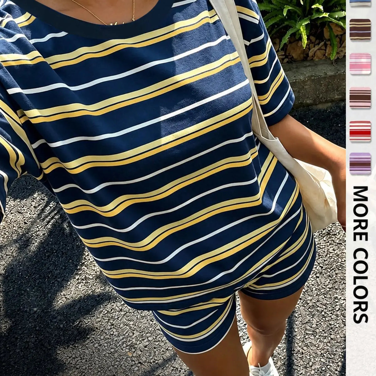 Women's Casual Striped Print Loose-Fit Set, Two Piece Outfit, Summer Wear, Vintage, American Retro Street Style, Perfect for Vacation and All-Day Home Wear, Fashion