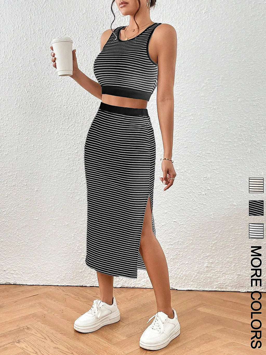 Women's Striped Print Sleeveless Crop Top & Skirt Two-Piece Set Outfit, Casual Fashion Cozy Top & Skirt for Daily Outdoor Wear, Ladies Clothes for All Seasons