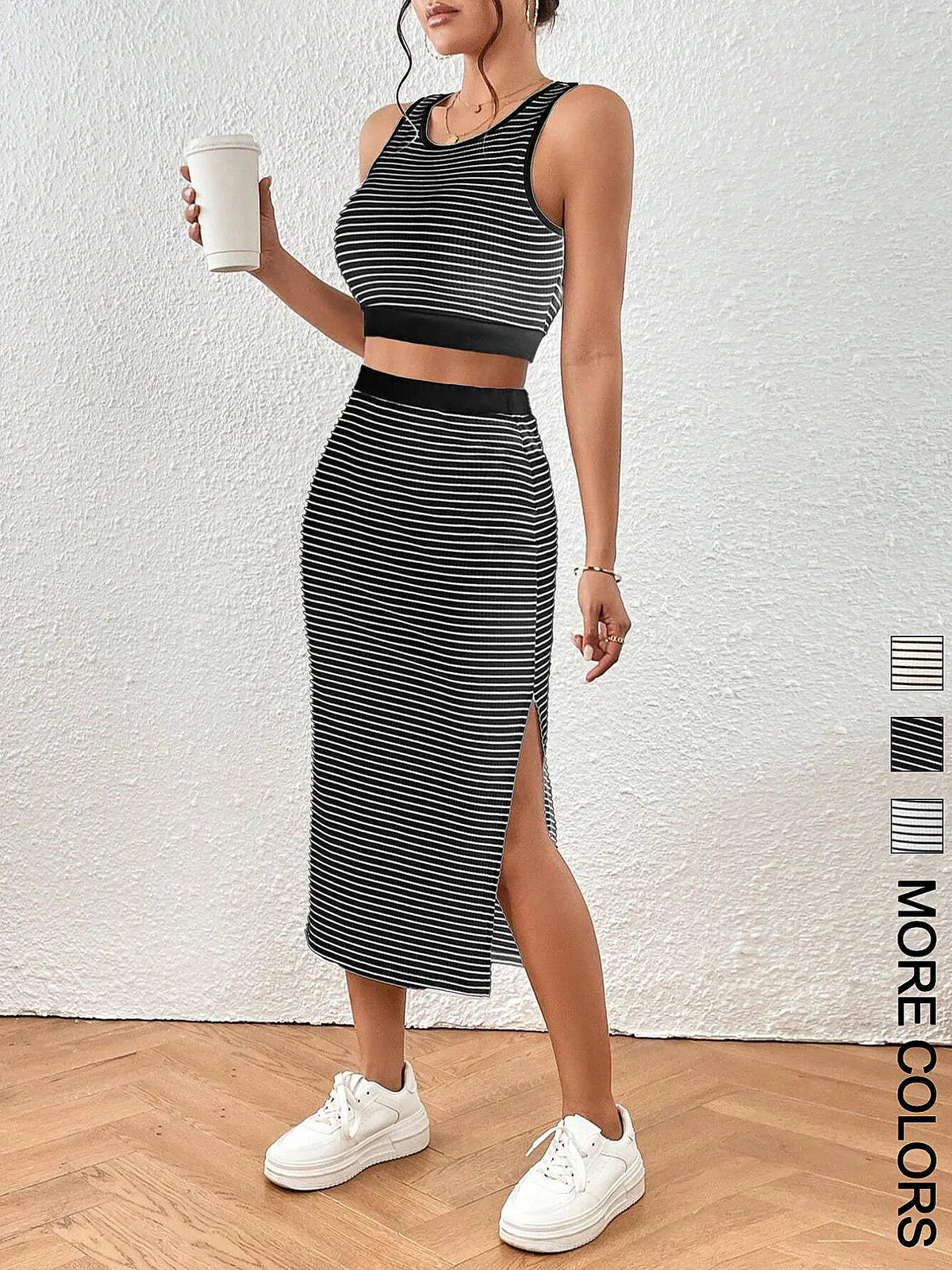 Women's Striped Print Sleeveless Crop Top & Skirt Two-Piece Set Outfit, Casual Fashion Cozy Top & Skirt for Daily Outdoor Wear, Ladies Clothes for All Seasons