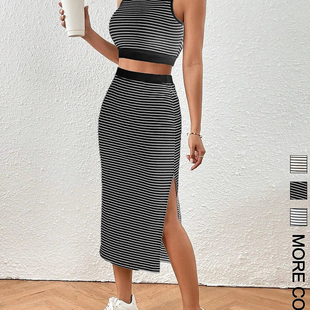 Women's Striped Print Sleeveless Crop Top & Skirt Two-Piece Set Outfit, Casual Fashion Cozy Top & Skirt for Daily Outdoor Wear, Ladies Clothes for All Seasons