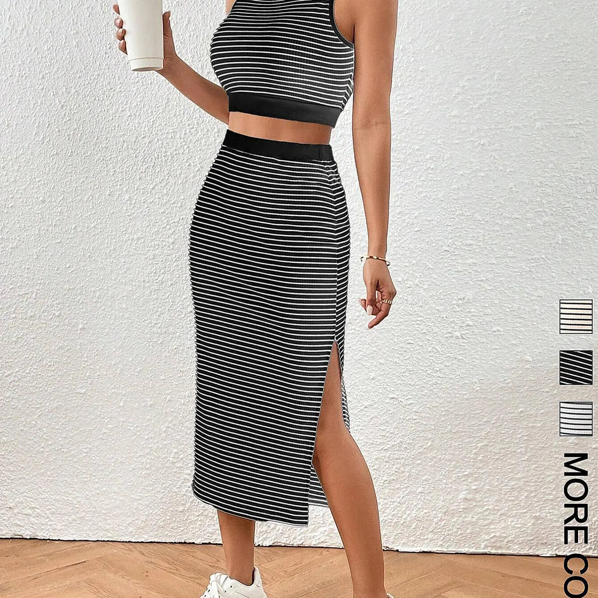 Women's Striped Print Sleeveless Crop Top & Skirt Two-Piece Set Outfit, Casual Fashion Cozy Top & Skirt for Daily Outdoor Wear, Ladies Clothes for All Seasons