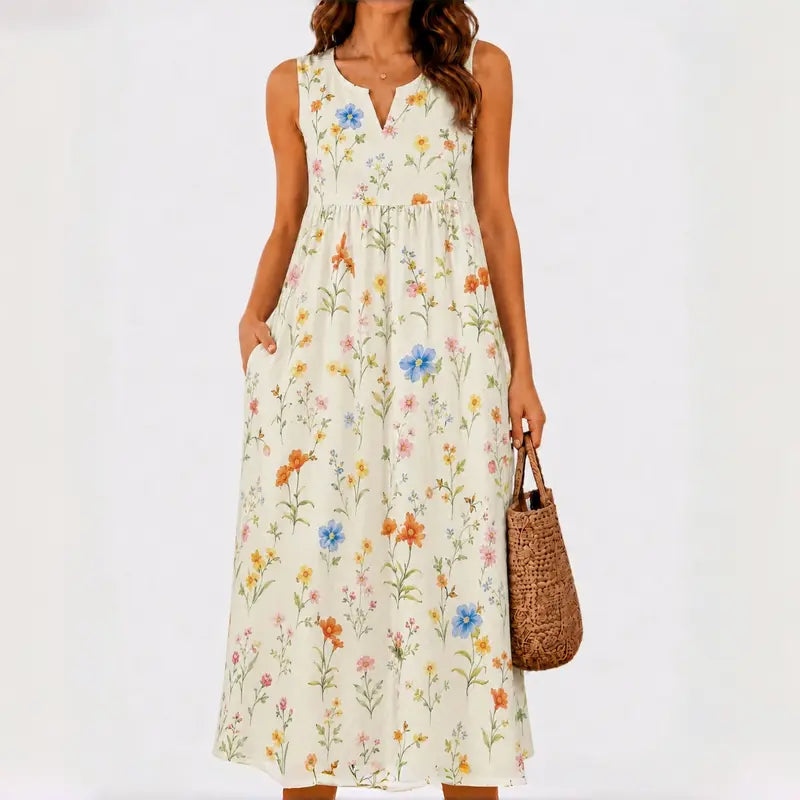 GLAMONIQUE Women's Brown Polka Dot H-Type Maxi Dress - Sleeveless V-Neck Spaghetti Strap, Lightweight Flowy, Side Slit, Adjustable Casual Wear for Outdoor, Vacation
