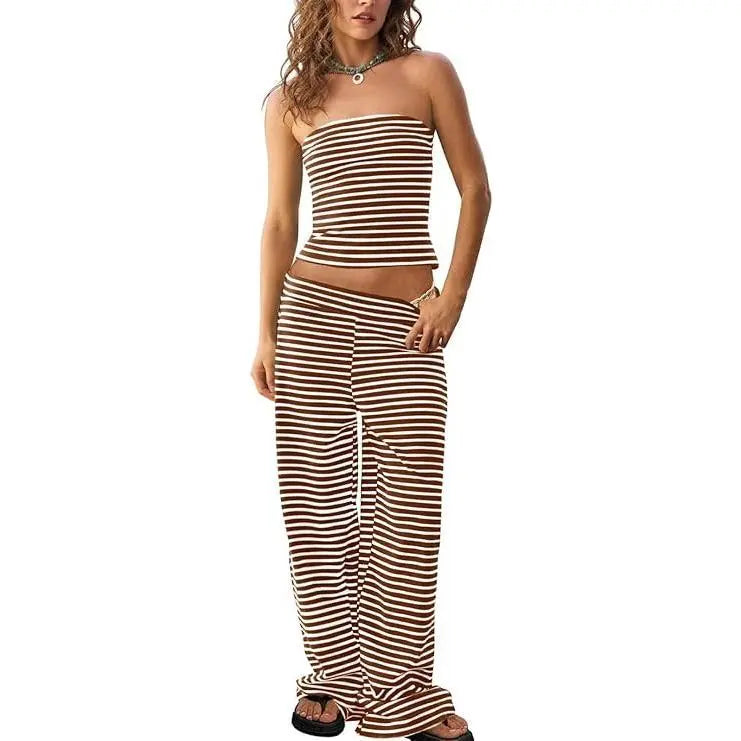 TANKANEO Women's 2-Piece Striped Trendy Clothing Set - Cute Slim Y2K Strapless Tube Top & Wide Leg Pants, Comfortable Casual Spring Summer Outfits (Cute Clothes, Casual Women's Set)