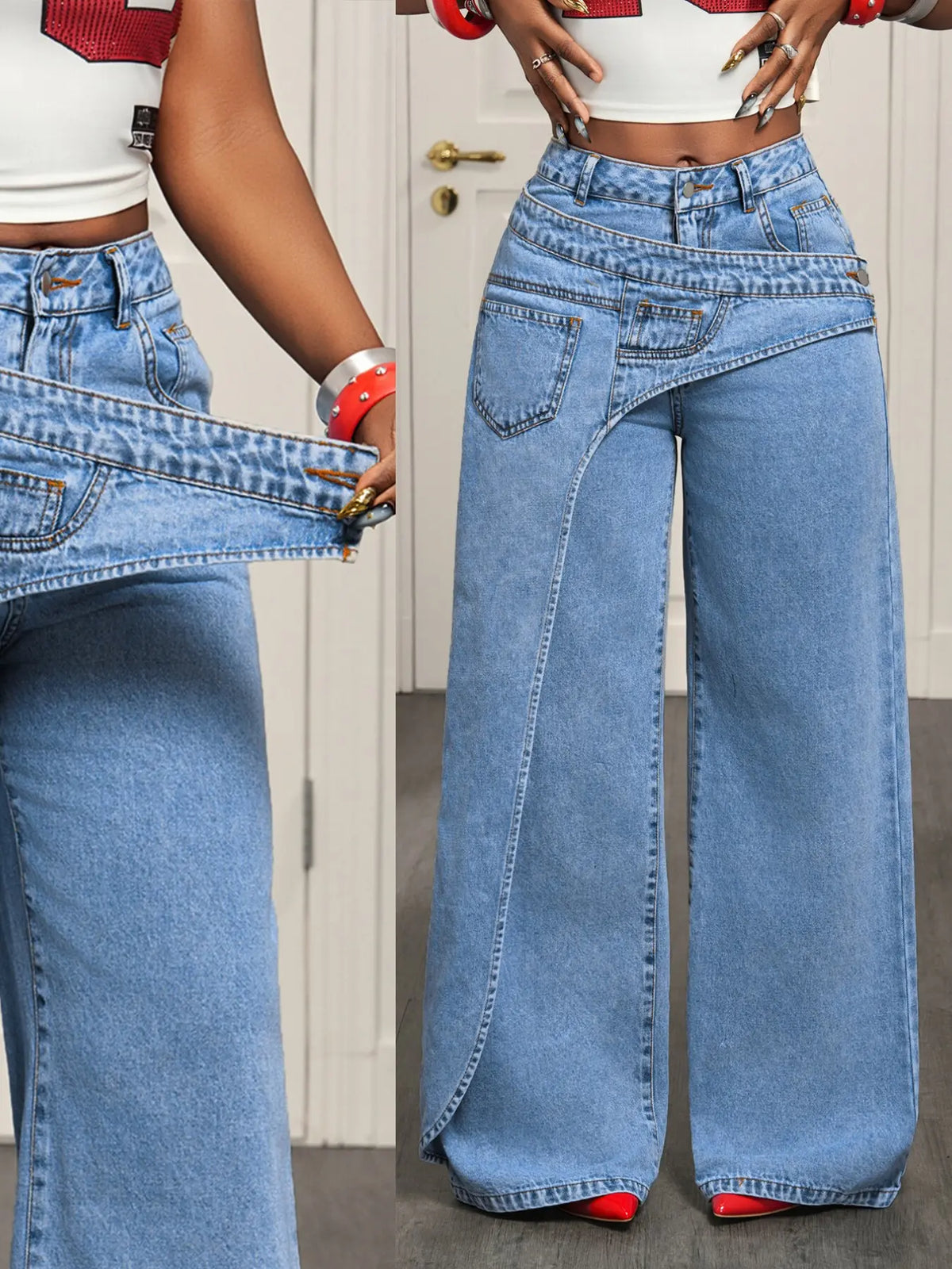 Women's Casual Denim Jean Long Pants, Elegant Plain Pattern, Loose-Fitting, All-Season Fashion, Trendy Asymmetrical Design