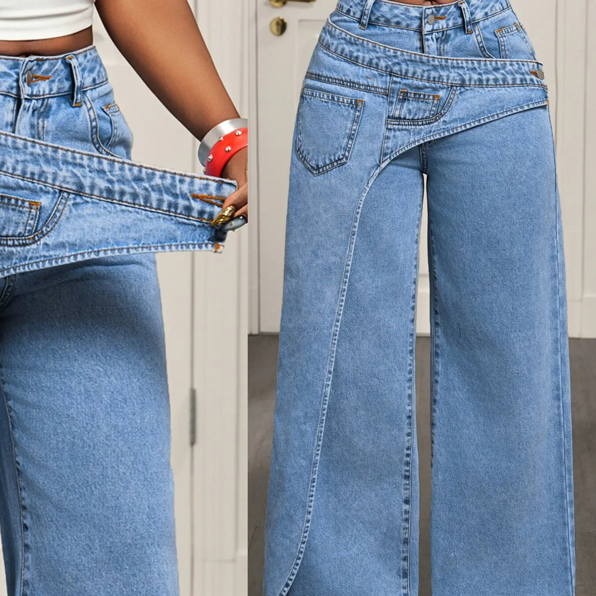 Women's Casual Denim Jean Long Pants, Elegant Plain Pattern, Loose-Fitting, All-Season Fashion, Trendy Asymmetrical Design
