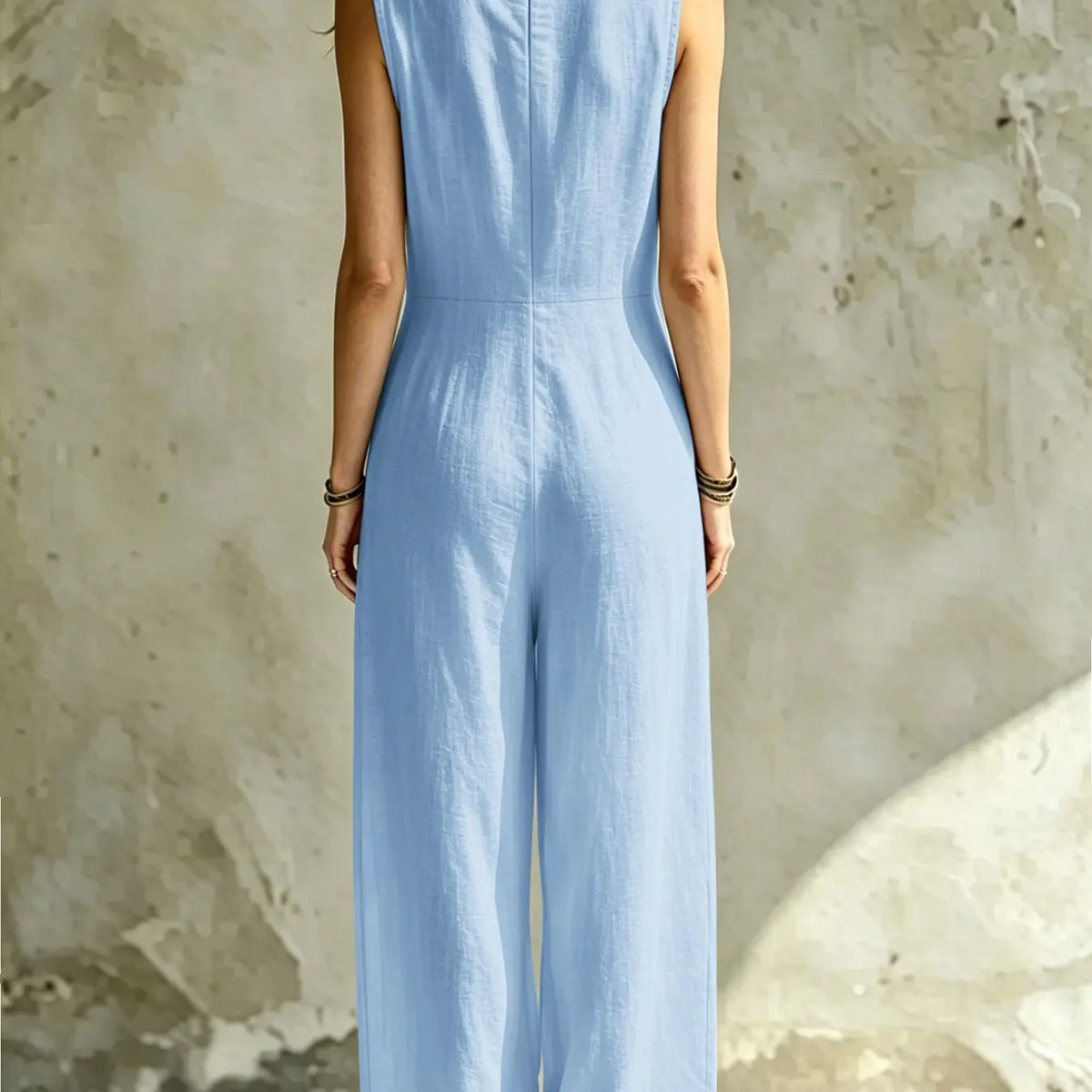 Women's Lightweight Sleeveless V-Neck Casual Style Jumpsuit, Fashionable Casual Breathable One-Piece, Trendy Everyday Summer Wear