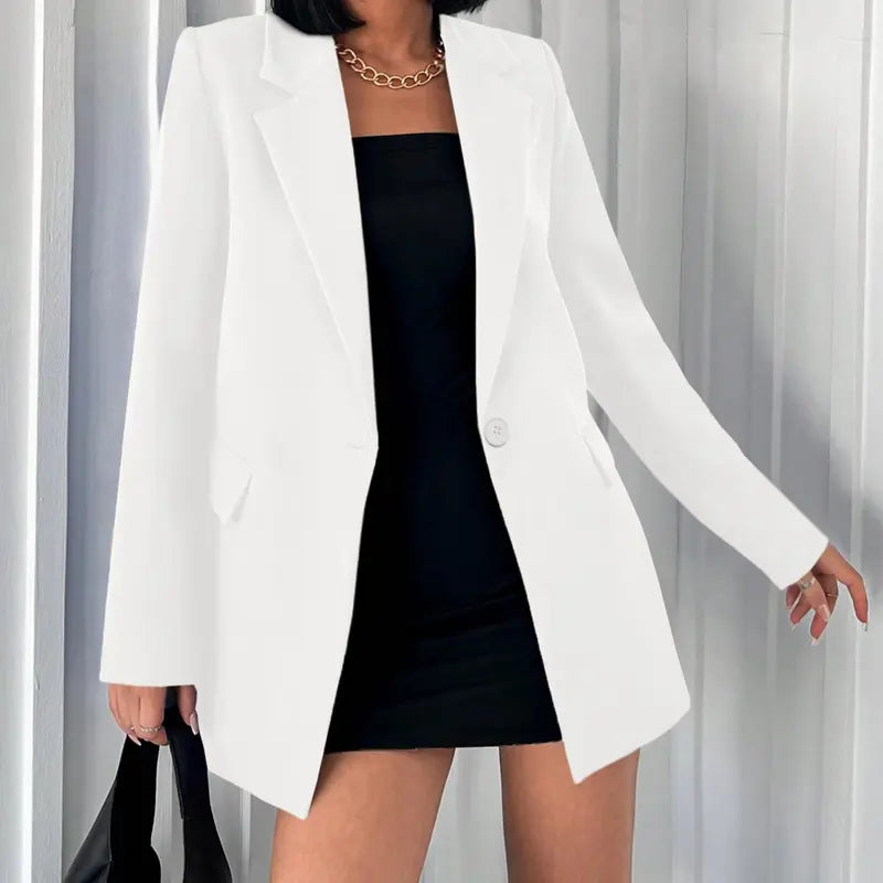 Women's Minimalist Slim-Fitted Longsleeve Lapel Button Blazer Suit - High-Quality Polyester Essential Simple Work Clothes Women, Black/White Office Work Clothes for Corporate Wear