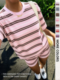 Women's Casual Striped Print Loose-Fit Set, Two Piece Outfit, Summer Wear, Vintage, American Retro Street Style, Perfect for Vacation and All-Day Home Wear, Fashion