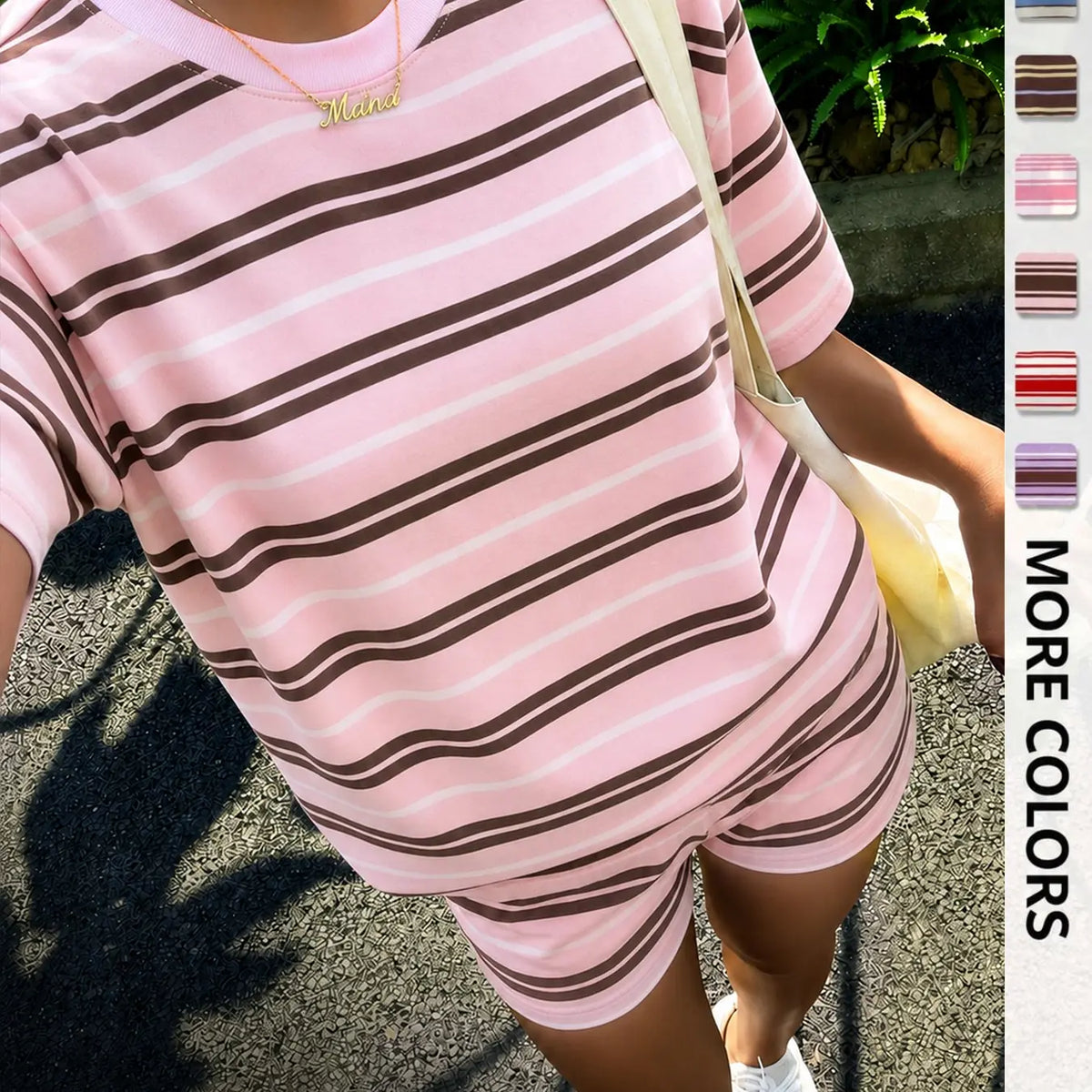 Women's Casual Striped Print Loose-Fit Set, Two Piece Outfit, Summer Wear, Vintage, American Retro Street Style, Perfect for Vacation and All-Day Home Wear, Fashion