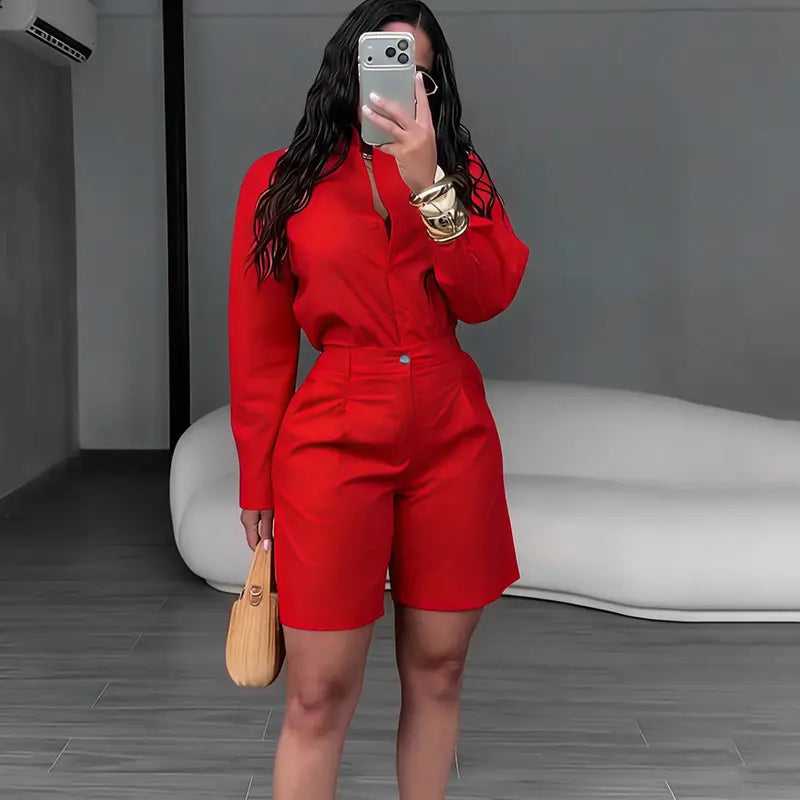 Fashionable Lapel-Collar Casual Long-Sleeve Shirt And Shorts Set
