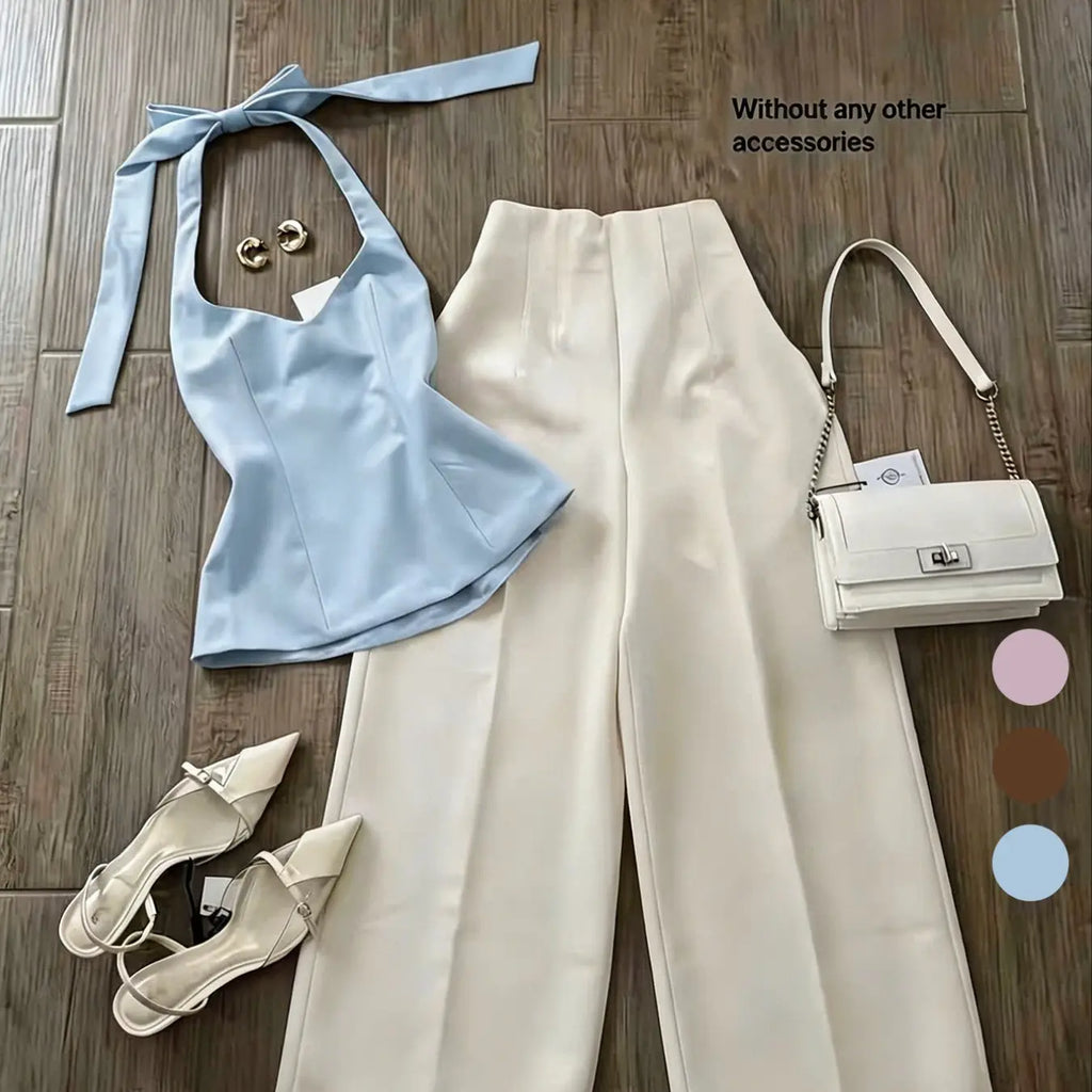 2026 New Women's Casual Halter Neck Sleeveless Top & Long Pants Two-Piece Set, Summer Matching Sets, Fashionable Ladies' Clothing, No Accessories Included