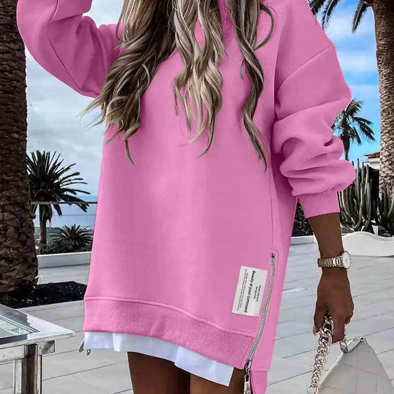 CHICME 2026 Women's Oversized Fall Long Sleeve Pullover Sweatshirt Zipper Slit Casual Dress Drop Shoulder Outfits, Dresses For Women, Women's Clothes