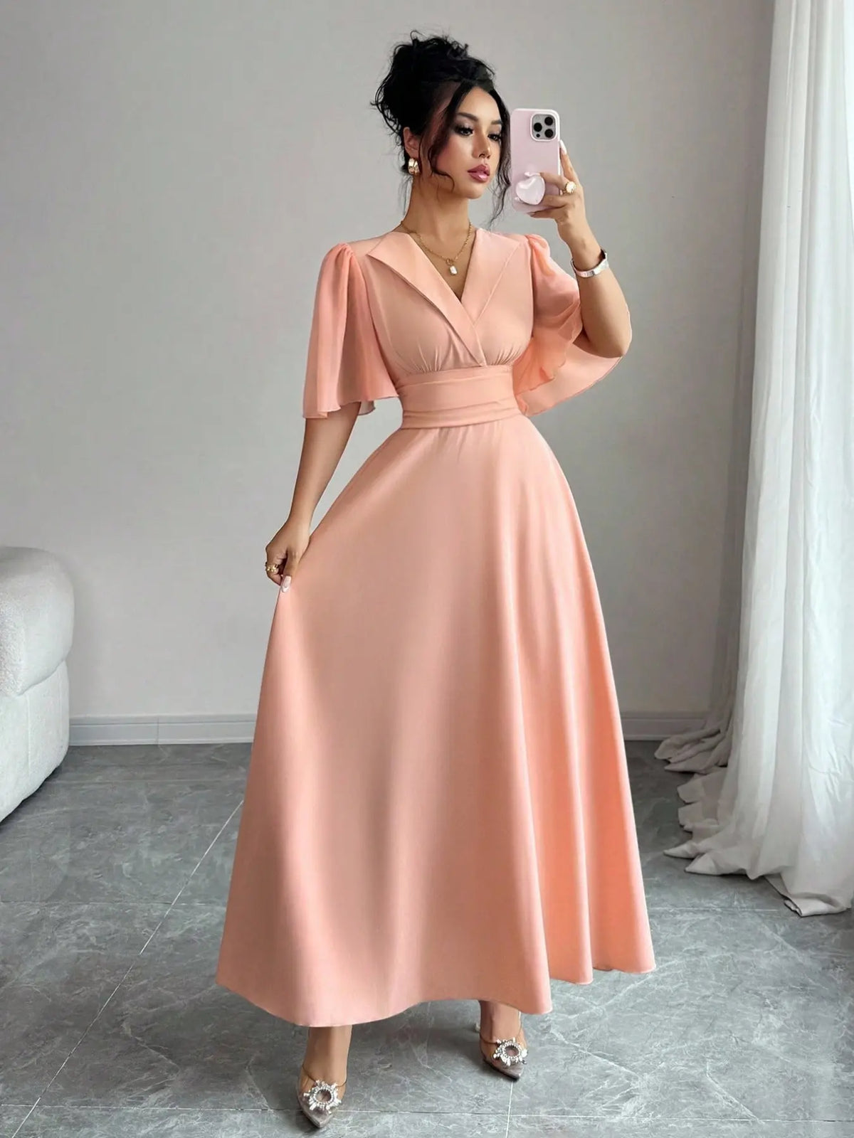 New Women's Lapel Neckline Dress, Waist Ruched Back Tie Chiffon Patchwork, Peplum Sleeves Design, Casual Elegant Summer Dress, Casual Summer Dresses