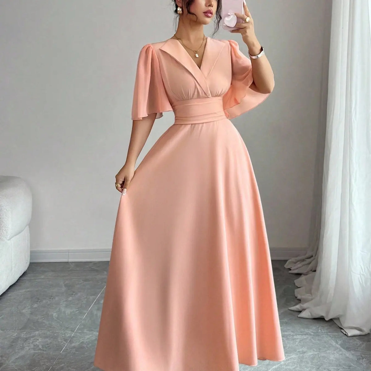 New Women's Lapel Neckline Dress, Waist Ruched Back Tie Chiffon Patchwork, Peplum Sleeves Design, Casual Elegant Summer Dress, Casual Summer Dresses