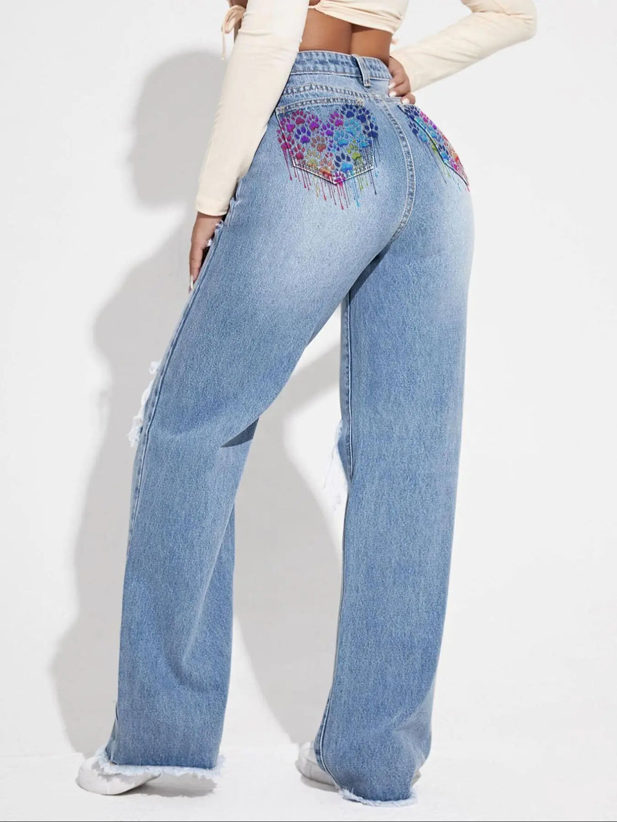 Women's Plain Ripped Jeans, Casual Comfy Pocket Design Frayed Edge Design High Waist Loose Fit Oversized Jeans for Daily Wear, Ladies Bottoms for All Seasons, Baggy Pants, Everyday