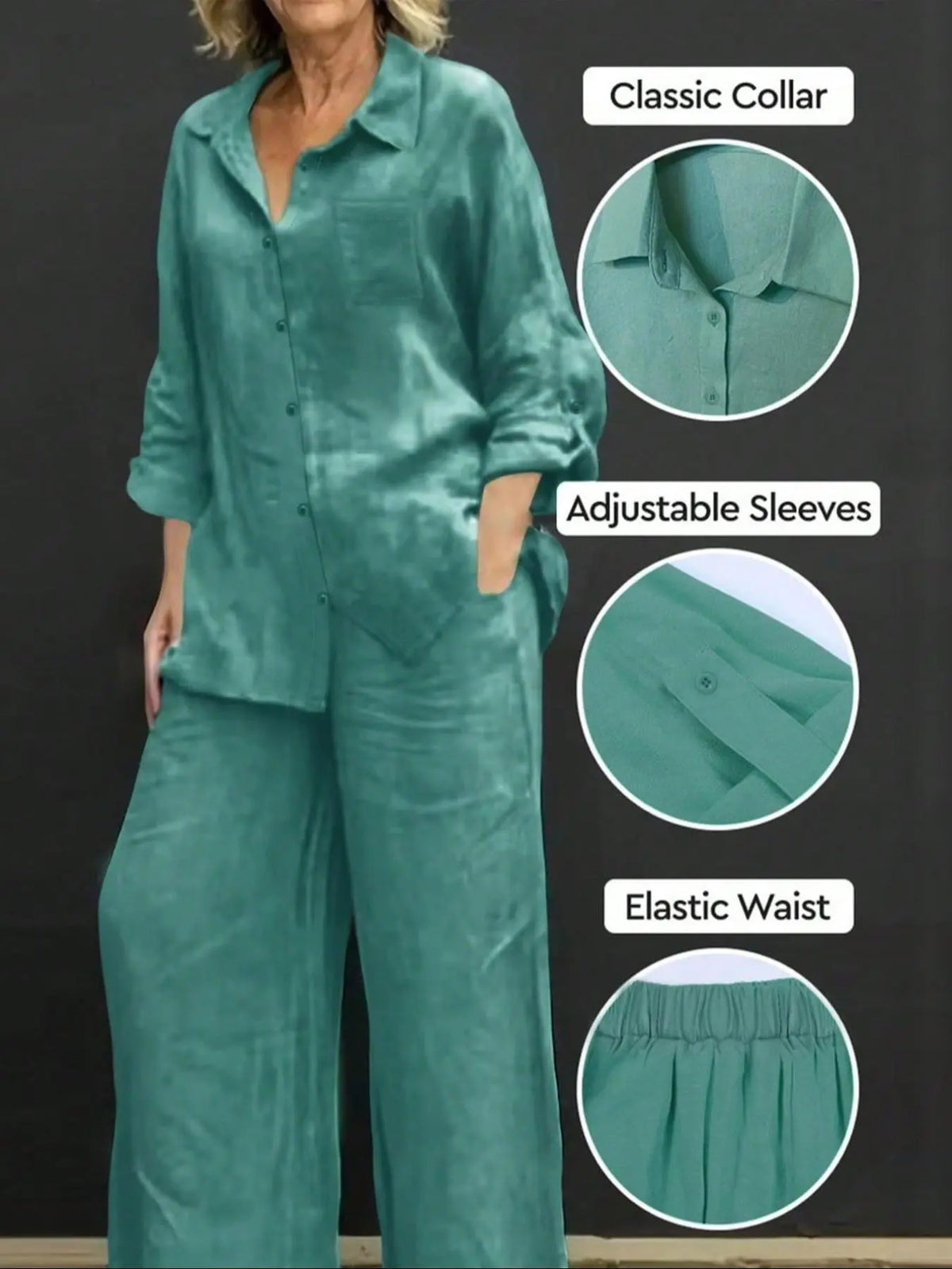 Women's Polo Neck Casual Open Front Long Sleeve Blazer & Loose Fit Elastic Long Pants Set Outfit, Adjustable, Solid Color, Comfortable Soft Fabric
