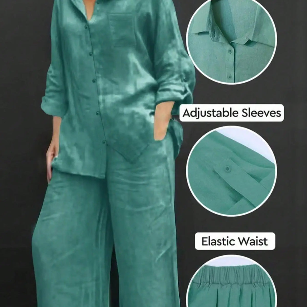 Women's Polo Neck Casual Open Front Long Sleeve Blazer & Loose Fit Elastic Long Pants Set Outfit, Adjustable, Solid Color, Comfortable Soft Fabric