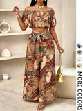 Women's Summer Paisley Print Bohemian Boho Vintage Chic Vacation Two-Piece Outfit, Two Pieces Outfits, Off-Shoulder Bubble Sleeve Crop Top + High Waist Adjustable Drawstring Wide Leg Pants