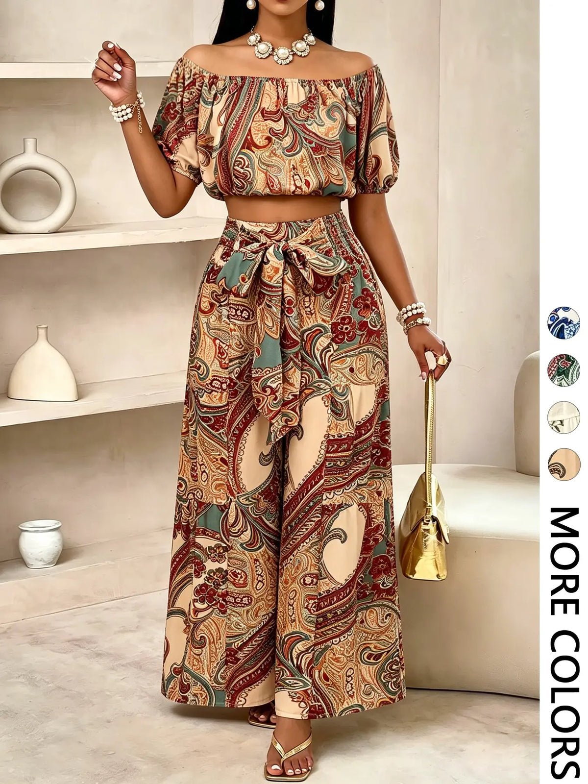 Women's Summer Paisley Print Bohemian Boho Vintage Chic Vacation Two-Piece Outfit, Two Pieces Outfits, Off-Shoulder Bubble Sleeve Crop Top + High Waist Adjustable Drawstring Wide Leg Pants