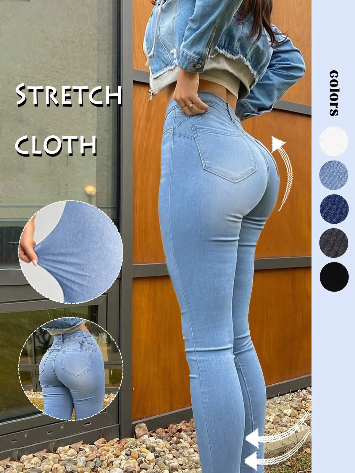 Women's High-Waisted Tight Denim Jeans, Casual Comfort Stretch Conical Jeans, Y2K Washed Blue Button Fly, Street Style Long Pants
