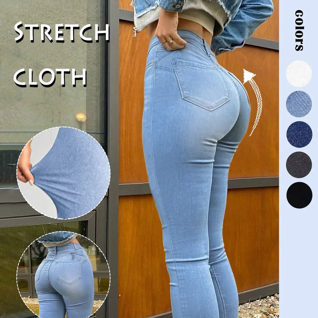 Women's High-Waisted Tight Denim Jeans, Casual Comfort Stretch Conical Jeans, Y2K Washed Blue Button Fly, Street Style Long Pants