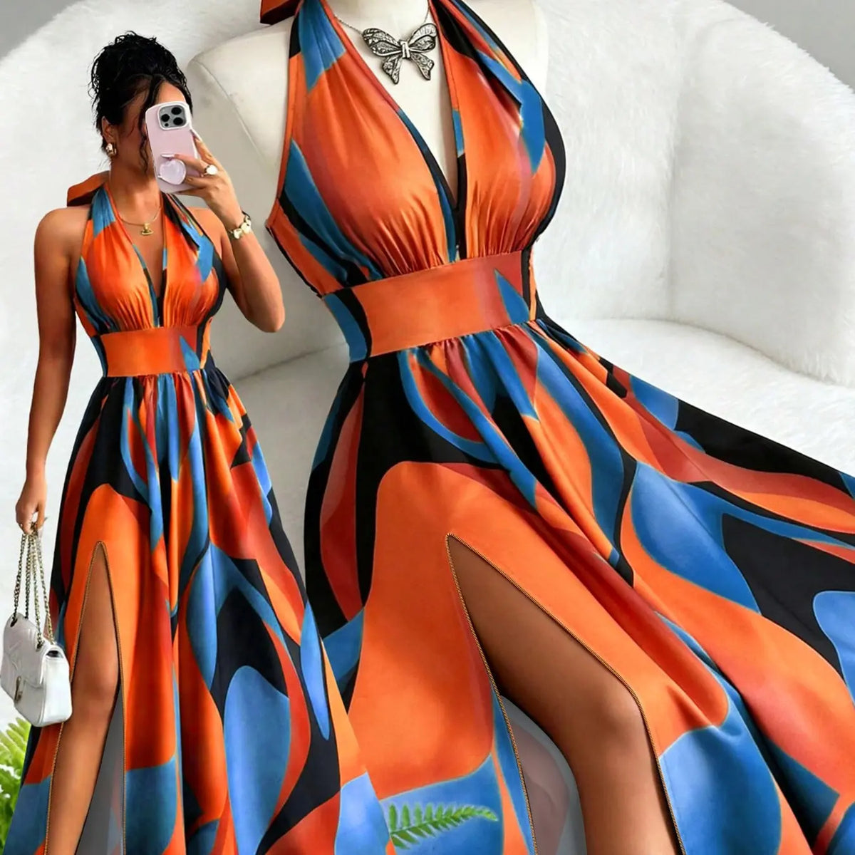 Printed Halter Long Dress, Deep V Neck Split Dress, Vintage Style, Sleeveless Backless, Beach Vacation, Summer New Arrival, Ff2608, Summer Dresses