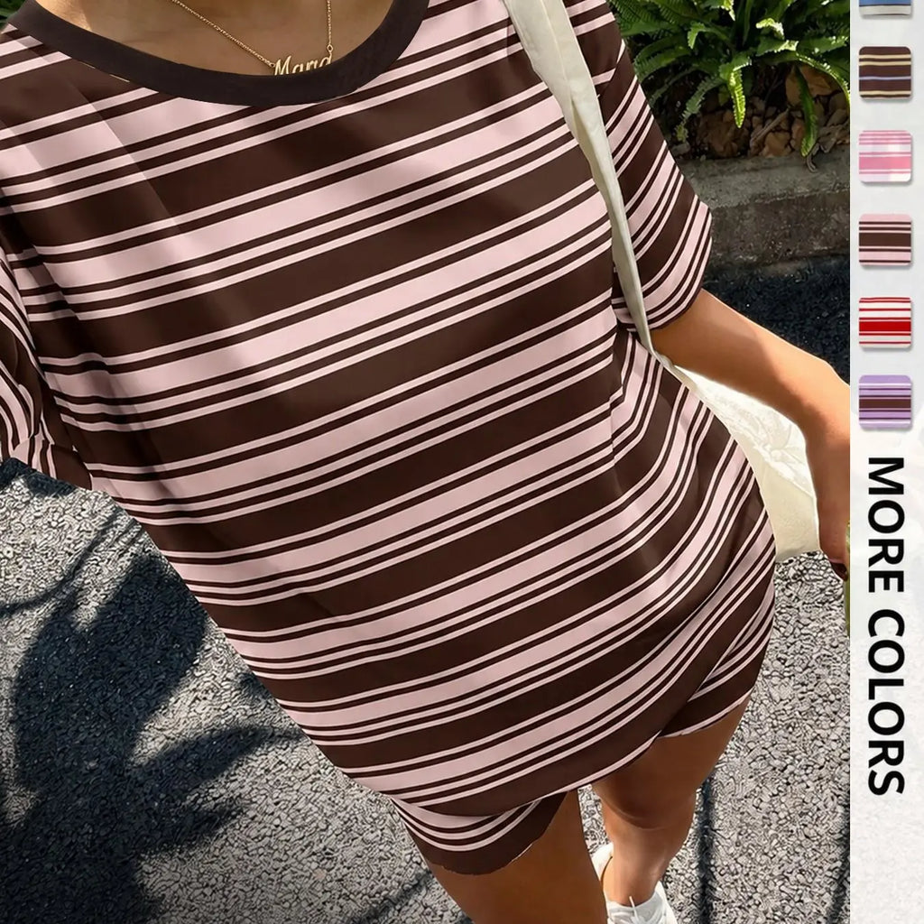 Women's Casual Striped Print Loose-Fit Set, Two Piece Outfit, Summer Wear, Vintage, American Retro Street Style, Perfect for Vacation and All-Day Home Wear, Fashion