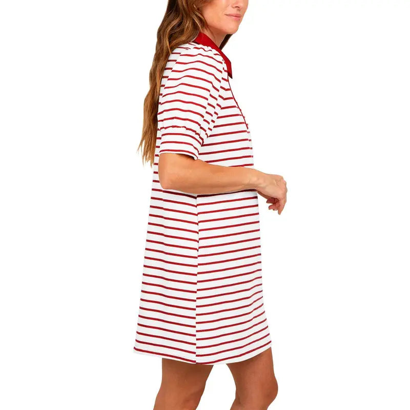 Imily Bela Women's Summer Lapel Collared V Neck Striped Dress Casual Puff Short Sleeve Polo Tshirt Dresses with Pockets