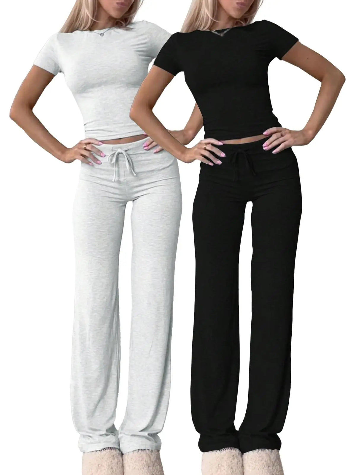 Women's Basic Minimalist Solid Short Sleeve Two-piece Set, Casual Round Neck Crop Tee & Drawstring High Waist Trousers for Daily Wear, Ladies Summer Clothes, Womenswear