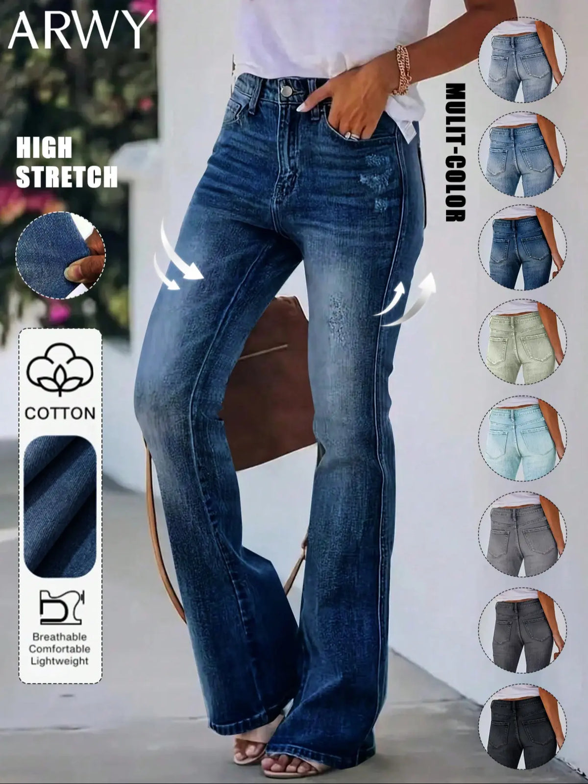Women's Bohemian Gradient Slim-Fit Flare Leg Denim Jeans for All Seasons, Medium-Wash Denim Mid-Waist Stretchy Pants with Pockets, Womenswear