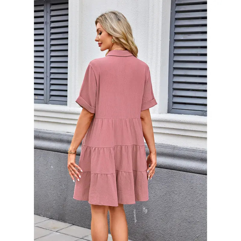 AUSELILY Babydoll Dress for Women Short Sleeve Button Down Textured Non-clingy Loose Fit Flowy Mini Dress with Pockets 2026 New Summer Dress Beachy Style Dress Casual