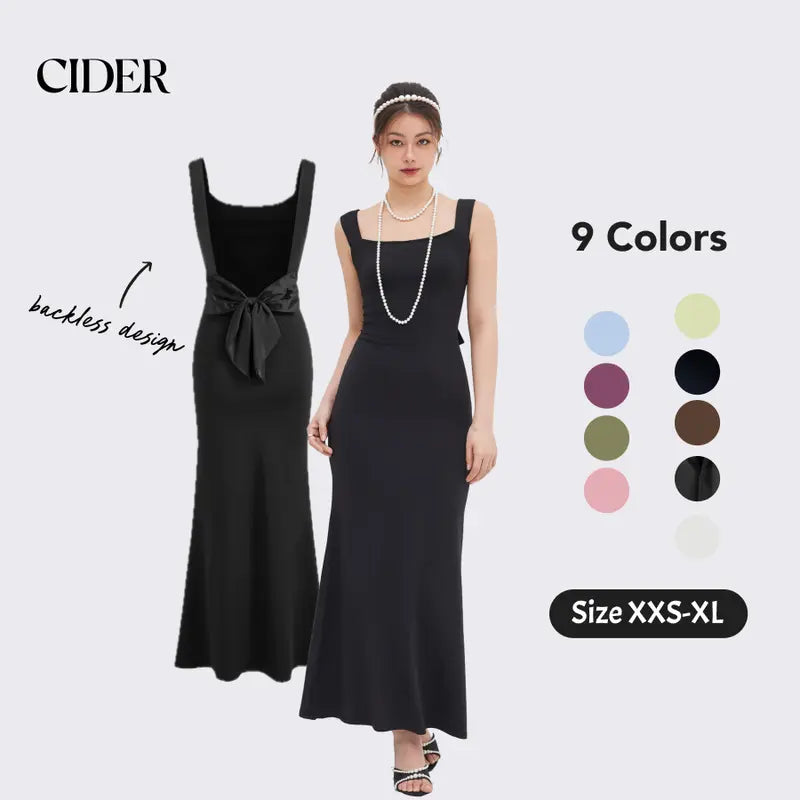 Cider Scoop Neckline Solid Bowknot Backless Maxi Dress Minimalist High Stretch Womenswear