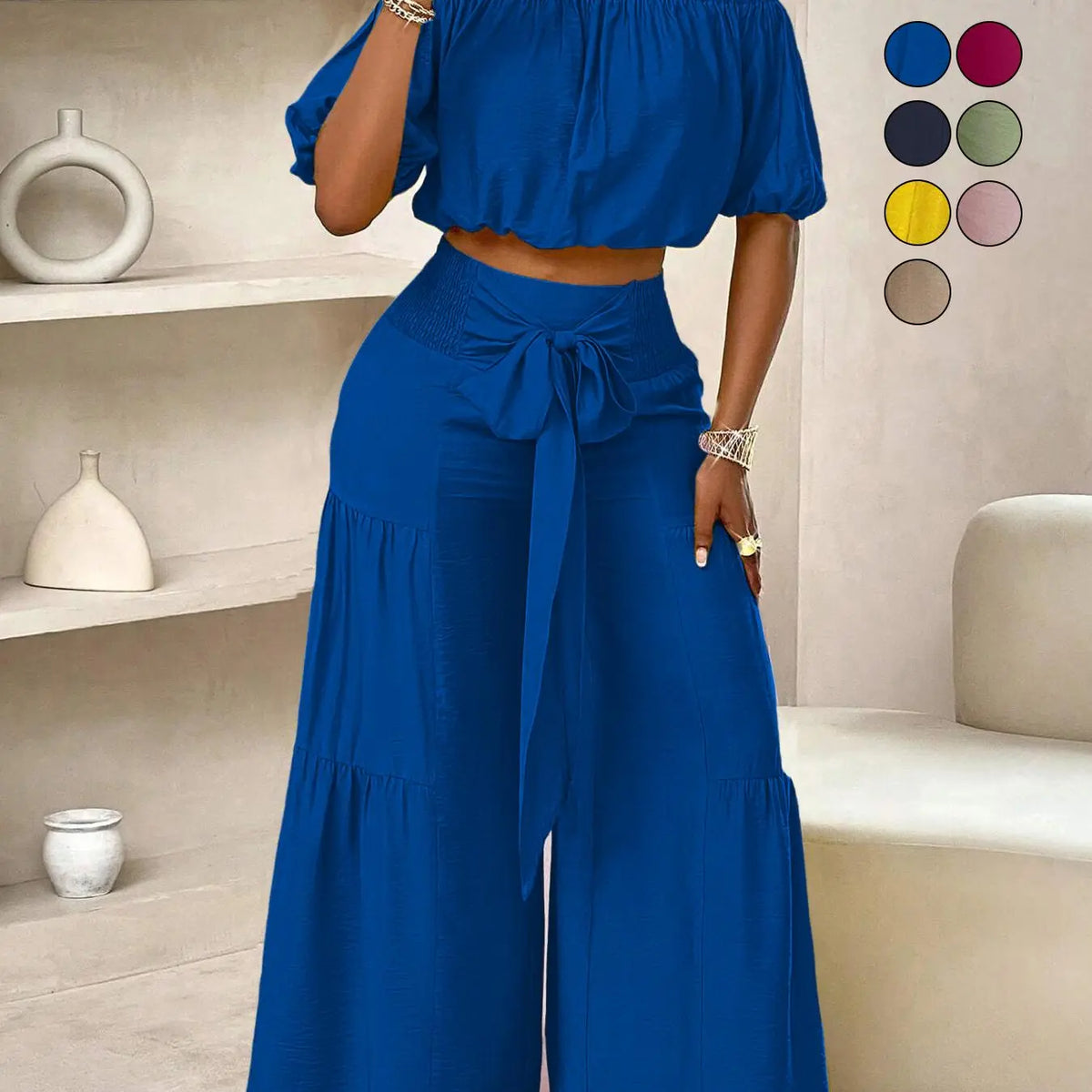Summer Beach Vacation Bow Shoulderless Round Neck Shirt Wide Leg Pants Set, Casual Loose-Fitting, Women's Fashion, Womenswear