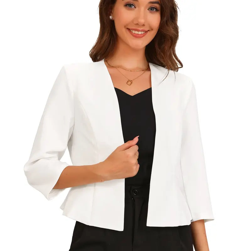 INSPIRE CHIC Elegant Blazer Women's Open Front Collarless 3/4 Sleeve Peplum Business Work Suit Jacket